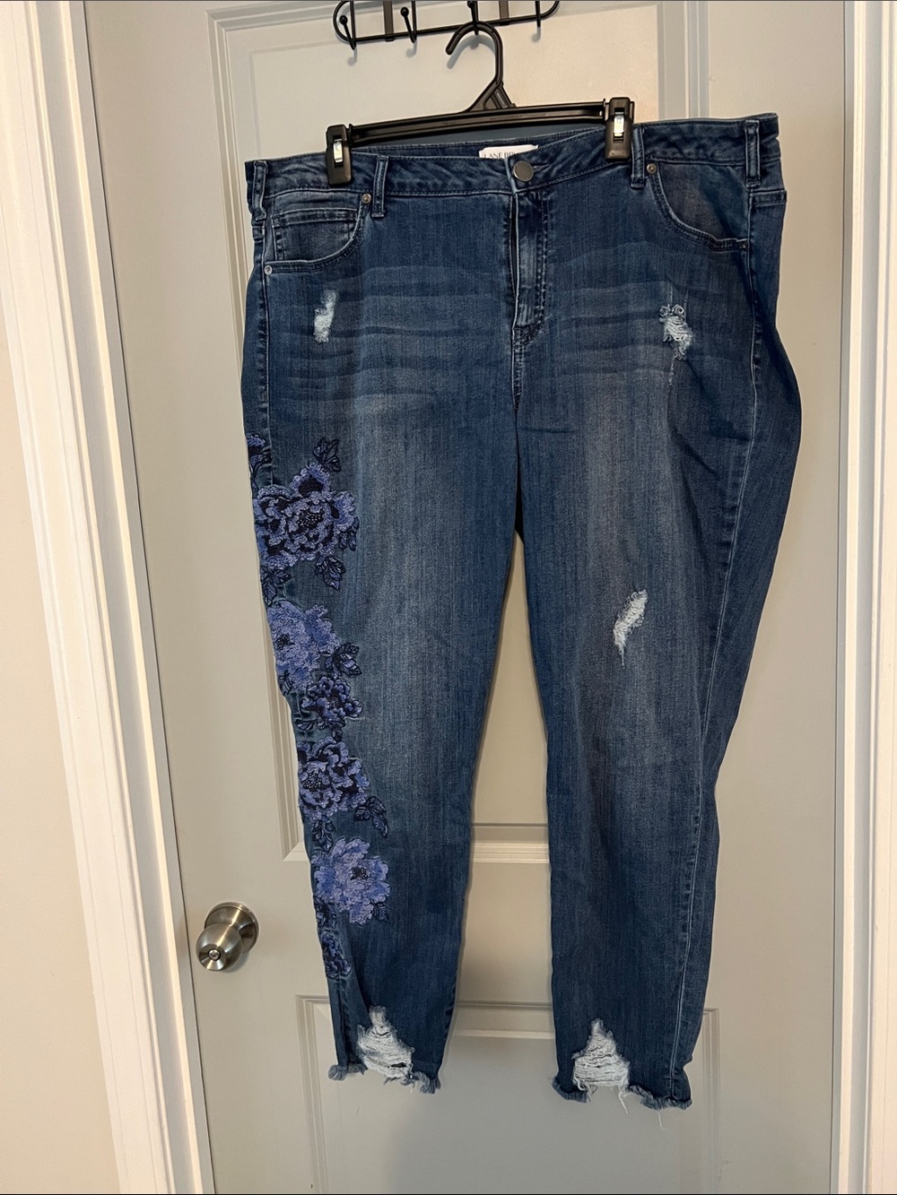 Lane Bryant Dark Blue Embroidered Distressed Boyfriend Jeans
